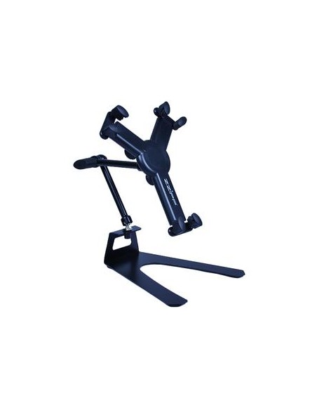 Supporto multifunzione per tablet e laptop, completamente regolabile. Fornito con base da tavolo e clip per il montaggio.